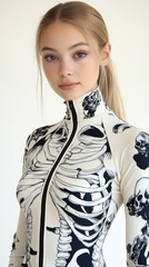 Poster - Portrait of a blonde girl wearing a skeleton suit. 