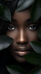 Poster -  A tight shot of a black woman's face adorned with leaves, a green plant in the foreground