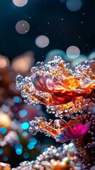 Poster -  A tight shot of water droplets clinging to a flower, background softly blurred in hues of blue, yellow, and pink