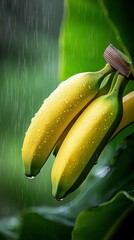  A few bananas atop a green leaf, dripping with rainwater