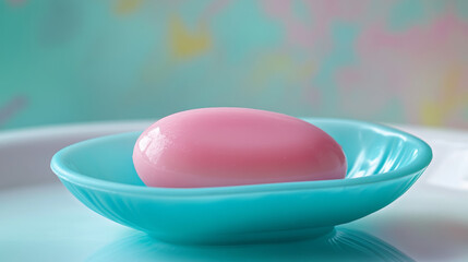 A pink bar of soap sits in a blue dish. The soap is oval-shaped and rests on a plastic holder. It's perfect for the bathroom or shower, representing cleanliness and hygiene.