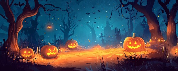 Wall Mural - Halloween pumpkins glowing in spooky forest at night