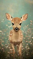 Canvas Print -  A baby deer stands in a wildflower field against a blue sky backdrop