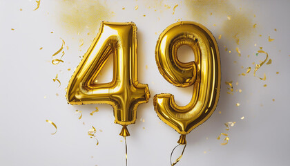 Gold birthday / anniversary balloon, number 49, white background with confetti