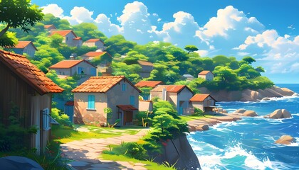 Canvas Print - Cheerful Cartoon Coastal Village Under Bright Sunshine