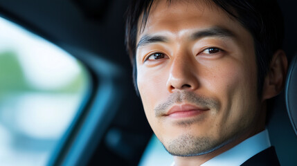 Close-up portrait of a confident young man sitting in a car, smiling subtly while looking directly at the camera. The image captures a calm and professional vibe, with natural light coming through the