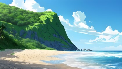 Vibrant Cartoon Beach Landscape with Lush Green Cliffs Under a Clear Blue Sky