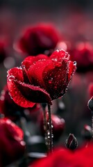 Sticker -  A red flower's petals heavily dotted with water droplets in a close-up view