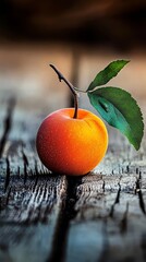 Wall Mural -  A detailed view of a single piece of fruit atop a weathered wooden table, with a leaf emerging from its surface