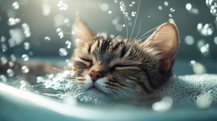 A serene image of a cat calmly sitting in a bath, with a gentle stream of water flowing over it and bubbles forming around its fur, emphasizing a peaceful bathing experience.