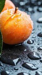 Sticker -  A couple of oranges sit atop a wet table, surrounded by water drops, alongside a green leaf