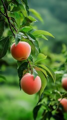 Wall Mural -  A cluster of peaches dangling from a tree, adorned with green foliage; backdrop of vaguely discernible grass and trees