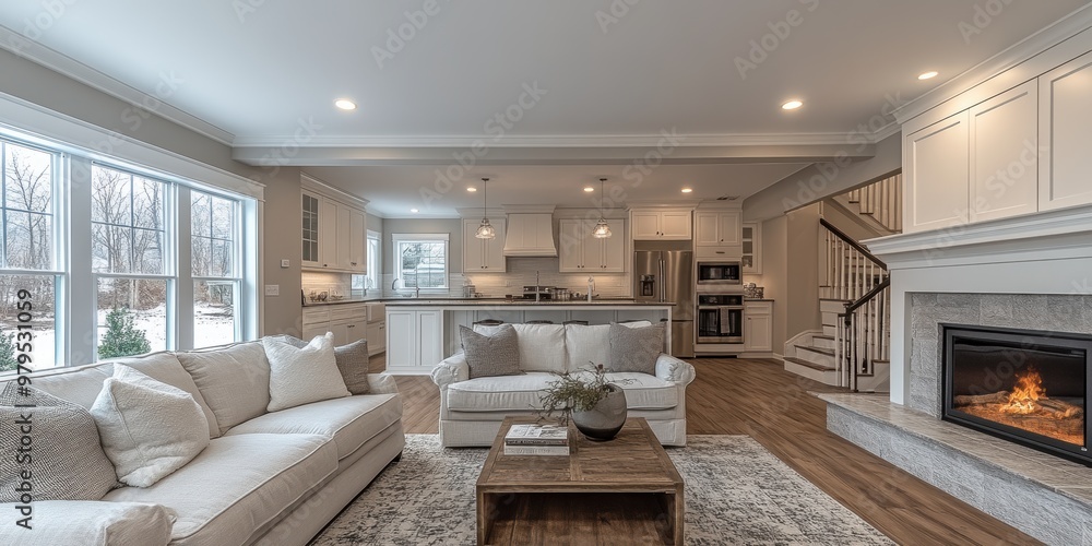 Beautiful modern living room and kitchen space in an open floor plan ...