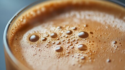  A close-up of a drink in a glass, featuring water droplets clinging to the glass bottom