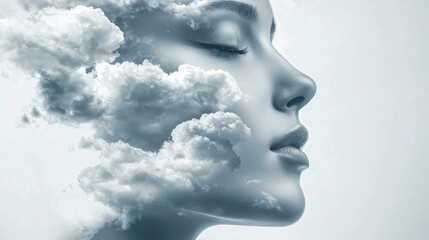 Wall Mural - A woman's face is shown in a cloud-like form, with her eyes closed