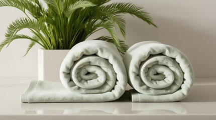 Two rolled light green towels displayed on a white surface, with a lush green fern in the background, set against a light grey wall with marbling patterns for a serene look.