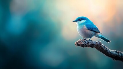 Canvas Print -  A small blue bird perched on a tree branch against a hazy sky backdrop