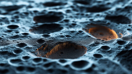 Wall Mural - close-up view of a lunar or planetary surface with numerous craters and textured terrain, illuminate