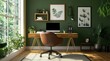 © aferalana - Design an office space with natural wood accents, green walls and plants, featuring a desk, chair, window view of nature