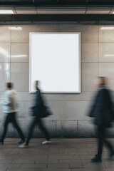 Wall Mural - A blank poster mockup on the wall of an underground station. People walking past in a motion blur. 