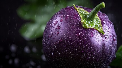 Poster -  Close-up of apurple fruitwith a green leaf on its stem and water droplets on its surface