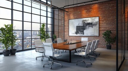 Wall Mural - Modern office interior with a glass wall conference room and a wooden table, white chairs for a meeting or training in a loft space with large windows and brick walls.