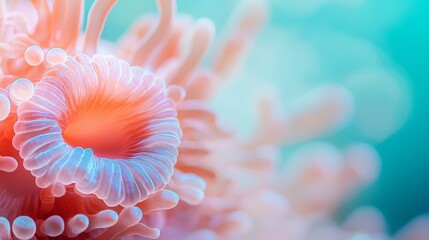 Wall Mural -  A tight shot of an orange-white sea anemone against a blue-pink backdrop