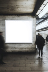 Wall Mural - A blank poster mockup on the wall of an underground station. People walking past in a motion blur. 