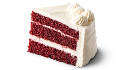 A slice of red velvet cake with cream cheese frosting, showing the rich texture and vibrant color, set against a plain white background for a striking contrast