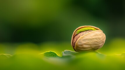 Poster -  A nut shell up close on a green leafy texture, trees background softly blurred