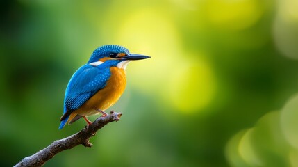 Canvas Print -  A small blue-and-orange bird perches on a tree branch against a blurred green backdrop