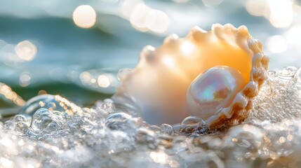  A detailed shot of a seashell on a sandy beach, showcasing water and light reflecting off its backward surface