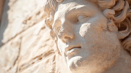 Wall Mural -  A tight shot of a man's statued head against a building backdrop, with the structure behind it visible