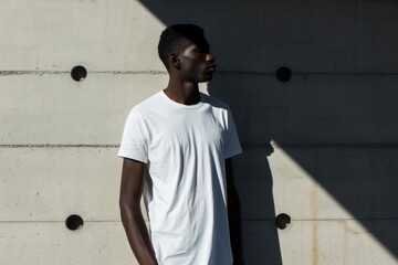 Sticker - Black man wearing t-shirt standing with clean concrete background shadow contemplation architecture.