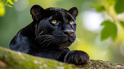 Wall Mural -  A tight shot of a black panther studying the camera from a tree branch, its intense gaze expressing grave seriousness