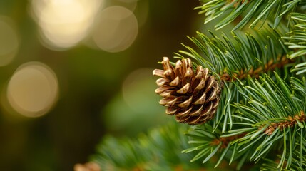 Wall Mural -  A tight shot of a pine cone against a blurred backdrop of soft pine tree lights