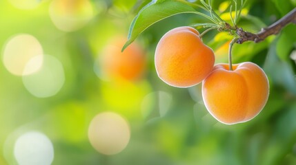 Wall Mural -  Three apricots dangle from a tree branch, surrounded by vibrant green leaves The background softens into a blurry boke of golden sunlight