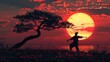 © Nawarat - Artistic depiction of a person practicing tai chi at sunset, Stay young, Healthy and happy