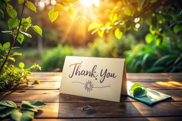 A beautifully crafted handwritten thank you note on a rustic wooden table, surrounded by lush greenery and warm sunlight, exudes gratitude and appreciation.