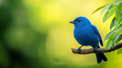 Wall Mural -  A blue bird sits on a branch against a backdrop of green and yellow leaves , with a blurred behind