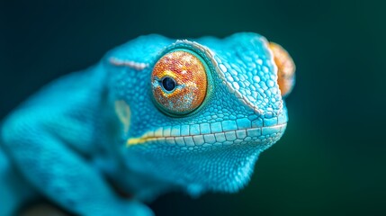  A tight shot of a blue chameleon's face displays an eye with a vivid orange spot