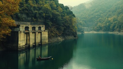 A serene lake formed by a hydroelectric dam, with a small boat gliding across the still water.