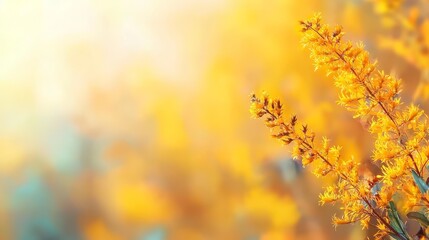 Poster -  A tight shot of a plant boasting bright yellow blossoms in the foreground against a backdrop of a vivid blue sky