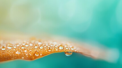 Wall Mural -  A tight shot of a water droplet atop a yellow leaf against a backdrop of a blue sky