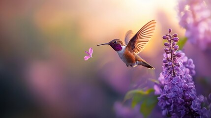 Wall Mural -  A hummingbird hovers above a large purple flower, surrounded by smaller pink blossoms in the foreground, while another pink bloom unfurls in the background