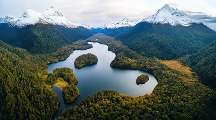 Sticker - Aerial view of a serene lake surrounded by dense green forests and snow-capped mountains, showcasing a pristine natural landscape with multiple islands in the lake.