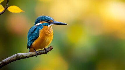 Wall Mural -  A vibrant bird perches on a tree branch, adorned with green and yellow leaves Background softly blurred