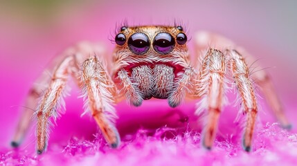 Wall Mural -  A close-up of a jumping spider on a pink flower with its large, expressive eyes opened widely