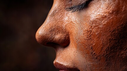 Poster -  A woman's face, up close, with heavily applied brown makeup Her eyes are shut