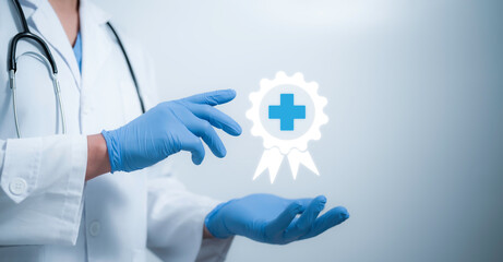 Wall Mural - a medical worker with virtual quality certificate handling many checklist documents for quality cont